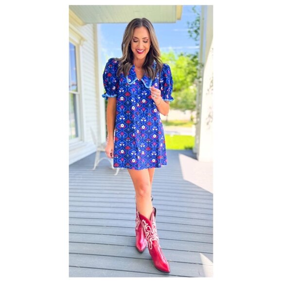 Ssys Gemma Peter Pan Collared Dress In Royal Blue Ditsy Floral Small - Picture 2 of 5